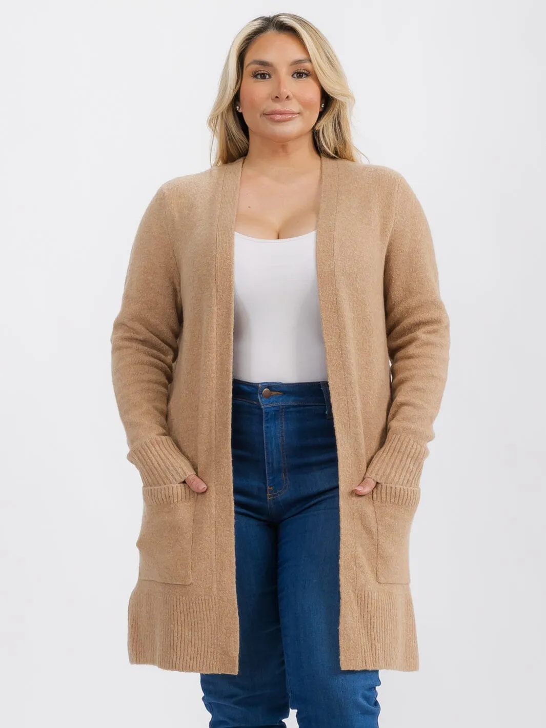 PLUS SIZE LONG SLEEVE OPEN FRONT POCKETS CARDIGAN