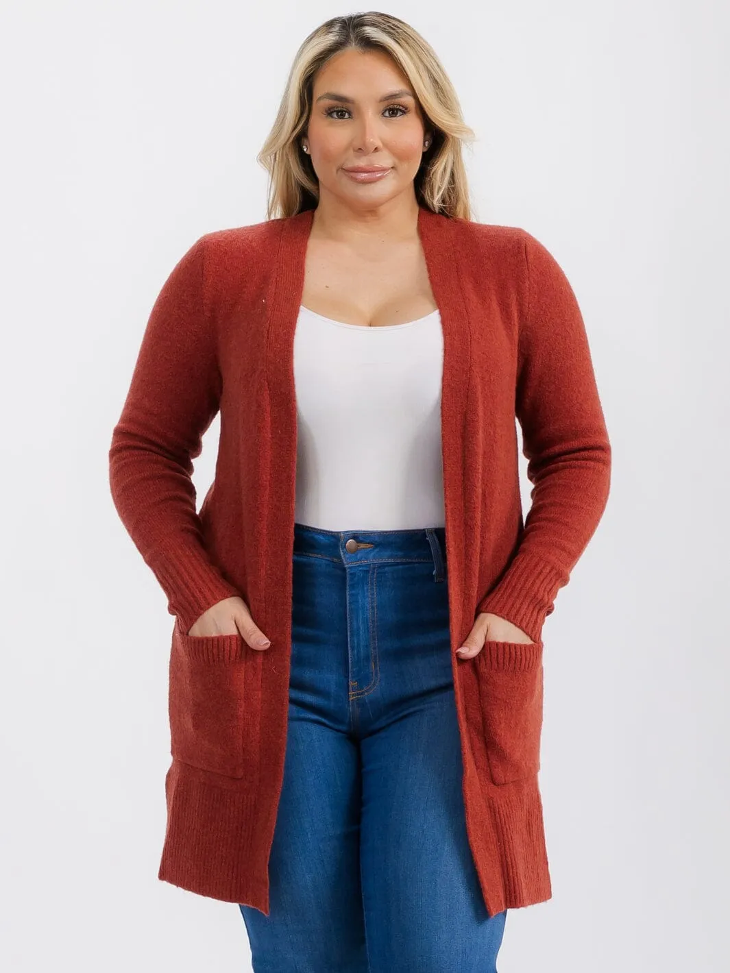 PLUS SIZE LONG SLEEVE OPEN FRONT POCKETS CARDIGAN