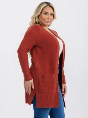 PLUS SIZE LONG SLEEVE OPEN FRONT POCKETS CARDIGAN