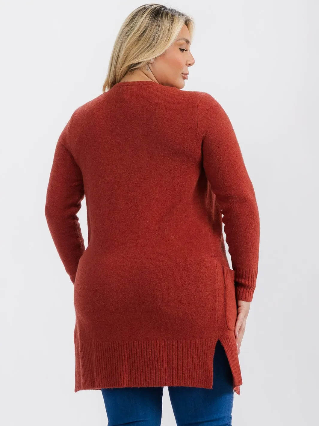 PLUS SIZE LONG SLEEVE OPEN FRONT POCKETS CARDIGAN