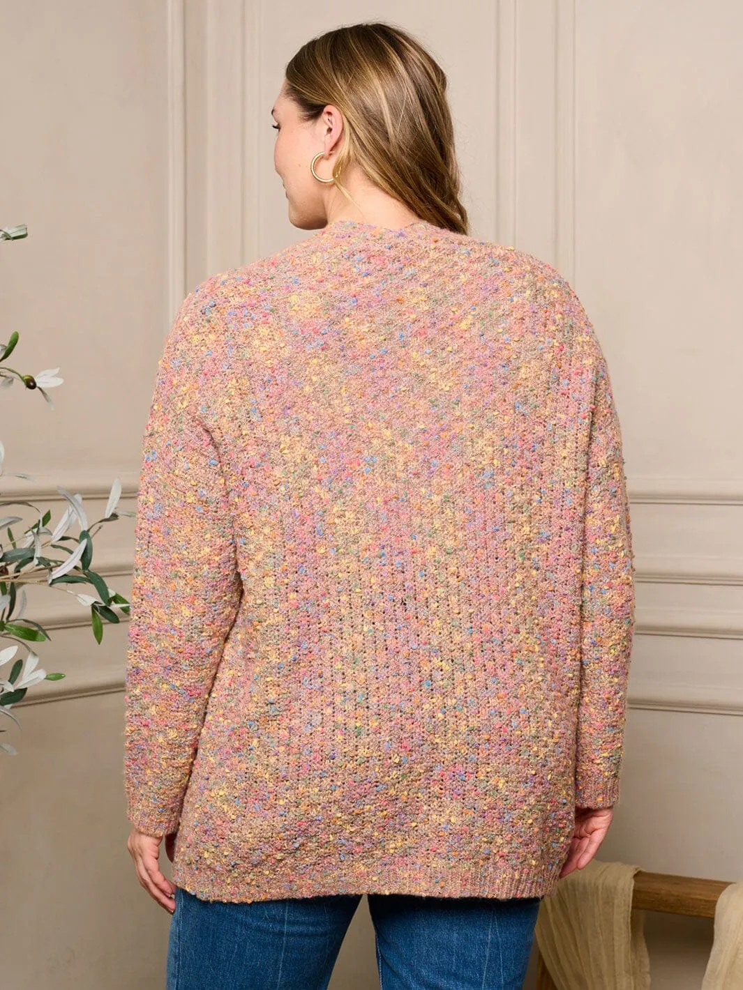 PLUS SIZE LONG SLEEVE OPEN FRONT POCKETS MULTI CARDIGAN