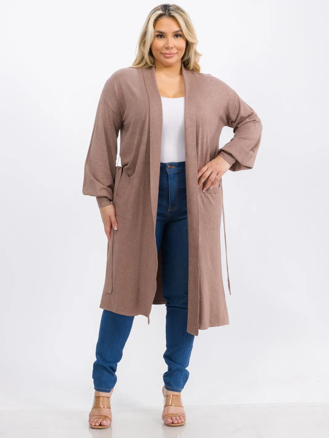 PLUS SIZE LONG SLEEVE OPEN FRONT SELF TIE POCKETS CARDIGAN