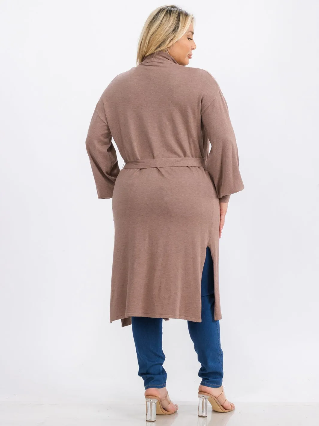 PLUS SIZE LONG SLEEVE OPEN FRONT SELF TIE POCKETS CARDIGAN