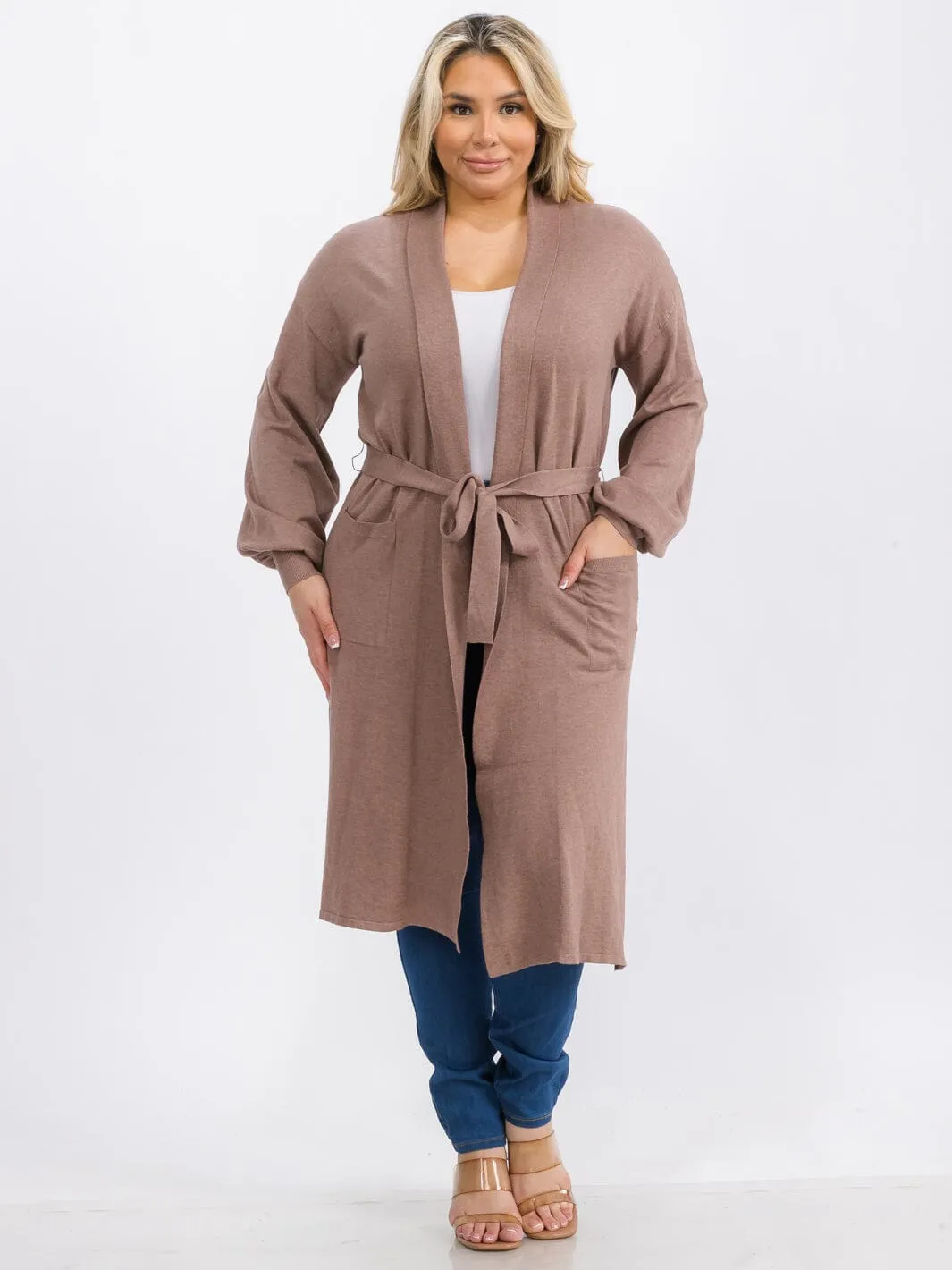 PLUS SIZE LONG SLEEVE OPEN FRONT SELF TIE POCKETS CARDIGAN