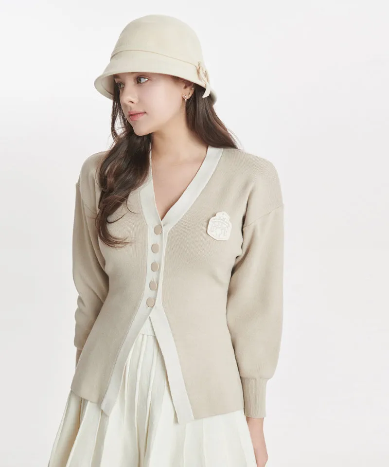 Q.C PLAY: V-Neck Button Patch Half Cardigan - 2 Colors