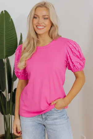 Ribbed Beaded Puff Sleeve Top
