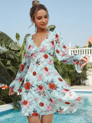 Rose Flower Print Chiffon Dress