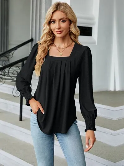 Ruched Square Neck Lantern Sleeve Blouse