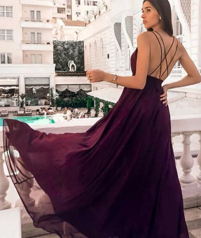 Simple burgundy chiffon long prom dress, burgundy evening dress