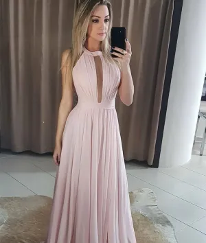 Simple pink chiffon long prom dress, pink evening dress