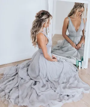 Simple v neck gray chiffon long prom dress, gray evening dress