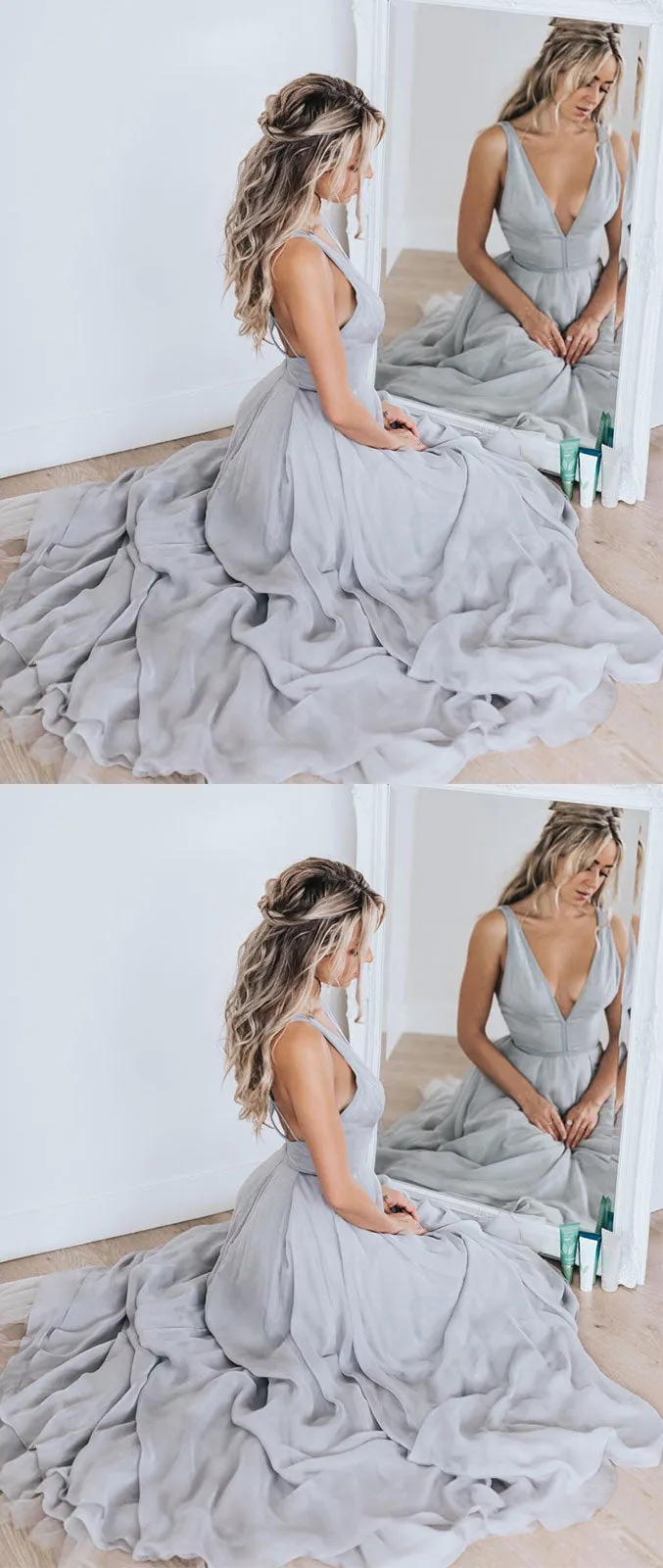 Simple v neck gray chiffon long prom dress, gray evening dress