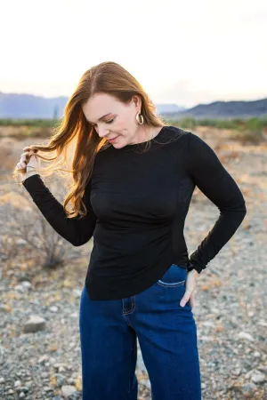 Slinky Side Pleated Long Sleeve Black Top