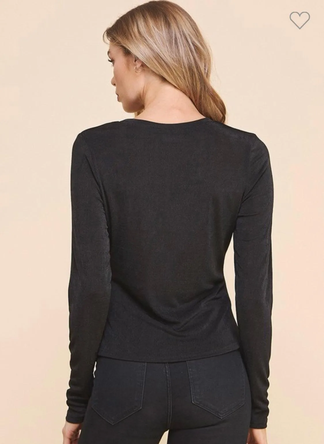 Slinky Side Pleated Long Sleeve Black Top