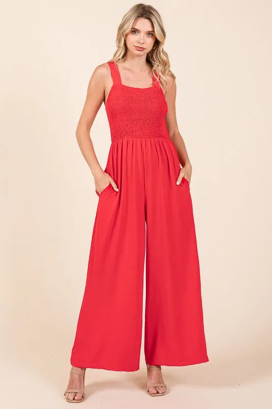 Smocked Strap Wide Leg Pleated Jumpsuit