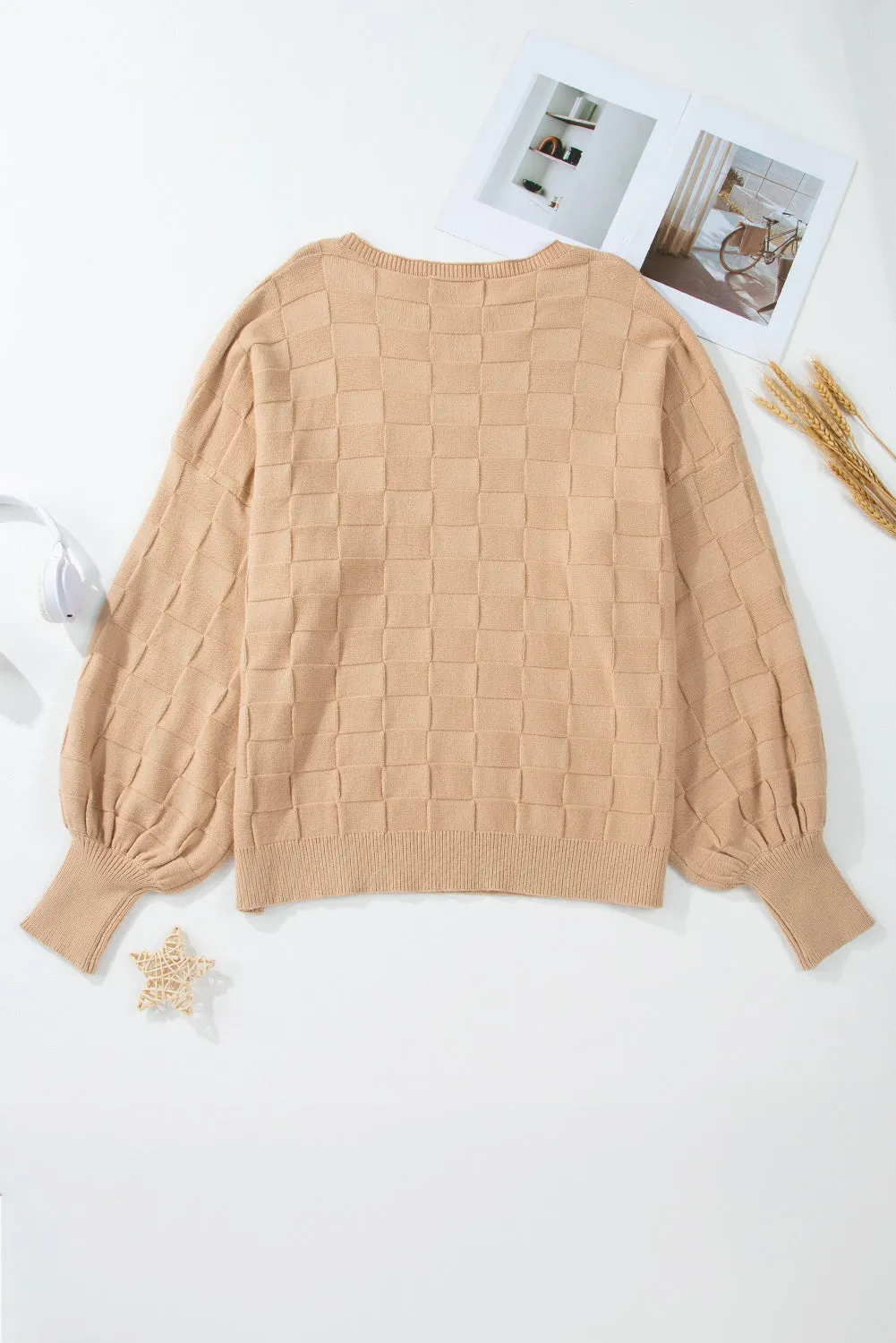 Solid Checkered Knit Plus Size Sweater