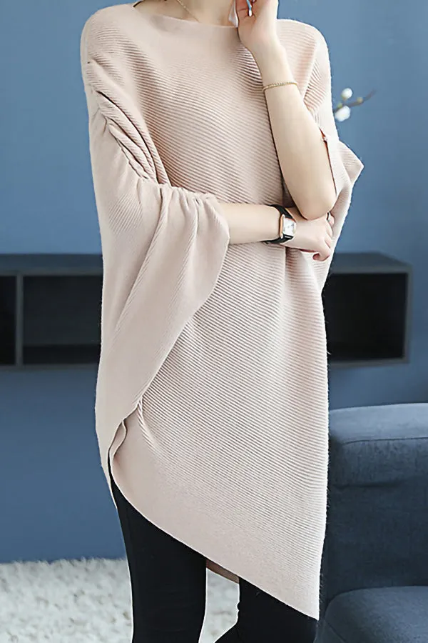 Solid Color Loose Knit Bat Sleeve Sweater