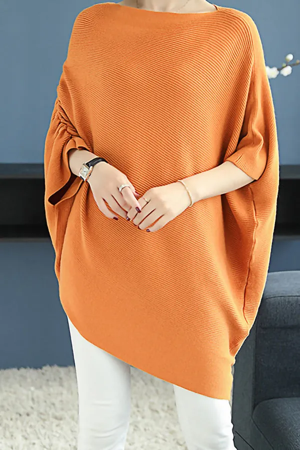 Solid Color Loose Knit Bat Sleeve Sweater