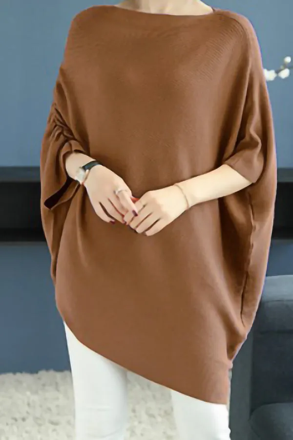 Solid Color Loose Knit Bat Sleeve Sweater