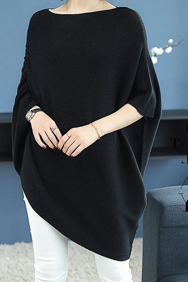 Solid Color Loose Knit Bat Sleeve Sweater