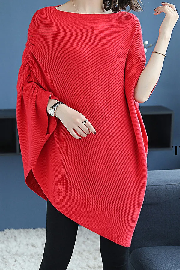 Solid Color Loose Knit Bat Sleeve Sweater