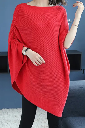 Solid Color Loose Knit Bat Sleeve Sweater