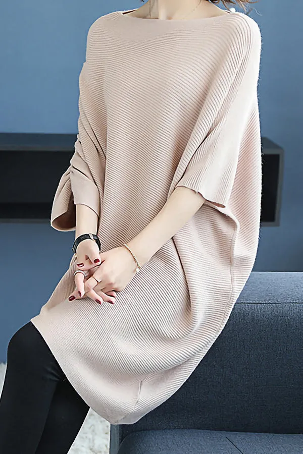 Solid Color Loose Knit Bat Sleeve Sweater