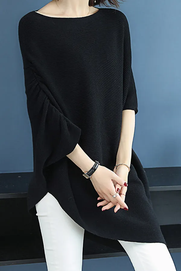 Solid Color Loose Knit Bat Sleeve Sweater
