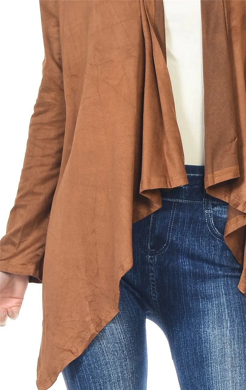 Suede Open Front Flyaway Jacket Cardigan Camel