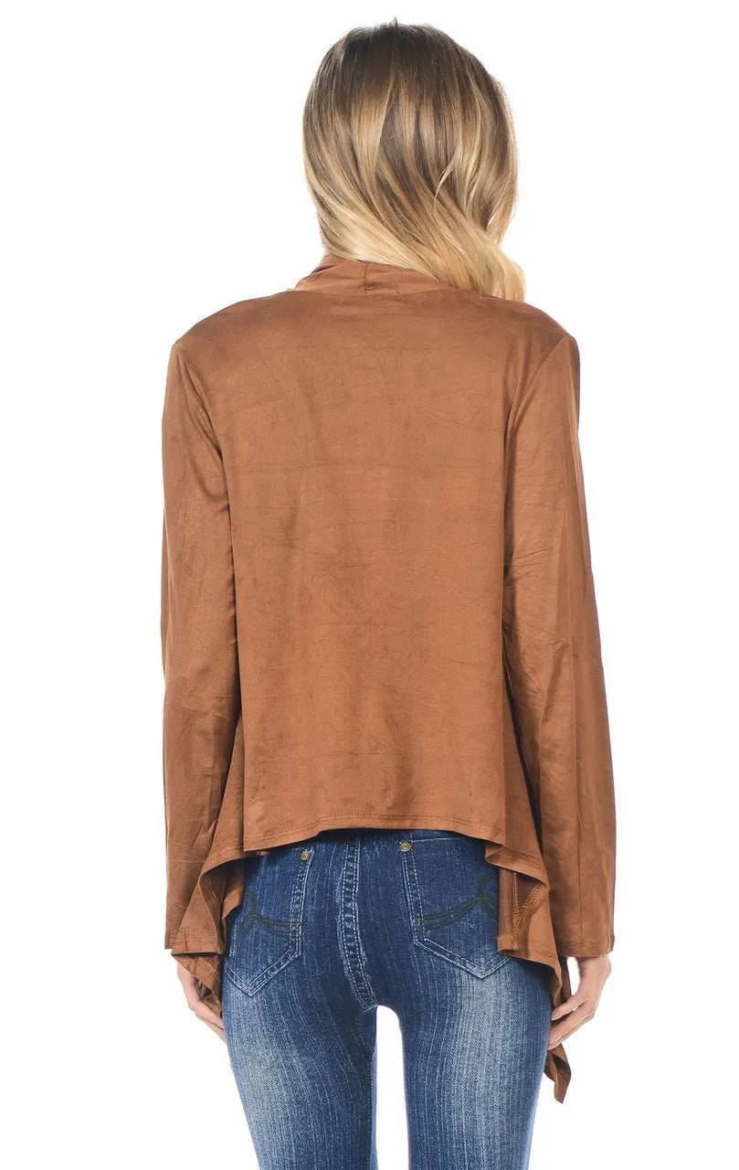 Suede Open Front Flyaway Jacket Cardigan Camel