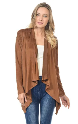 Suede Open Front Flyaway Jacket Cardigan Camel