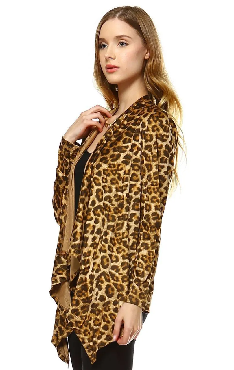 Suede Open Front Flyaway Jacket Cardigan Cheetah Brown