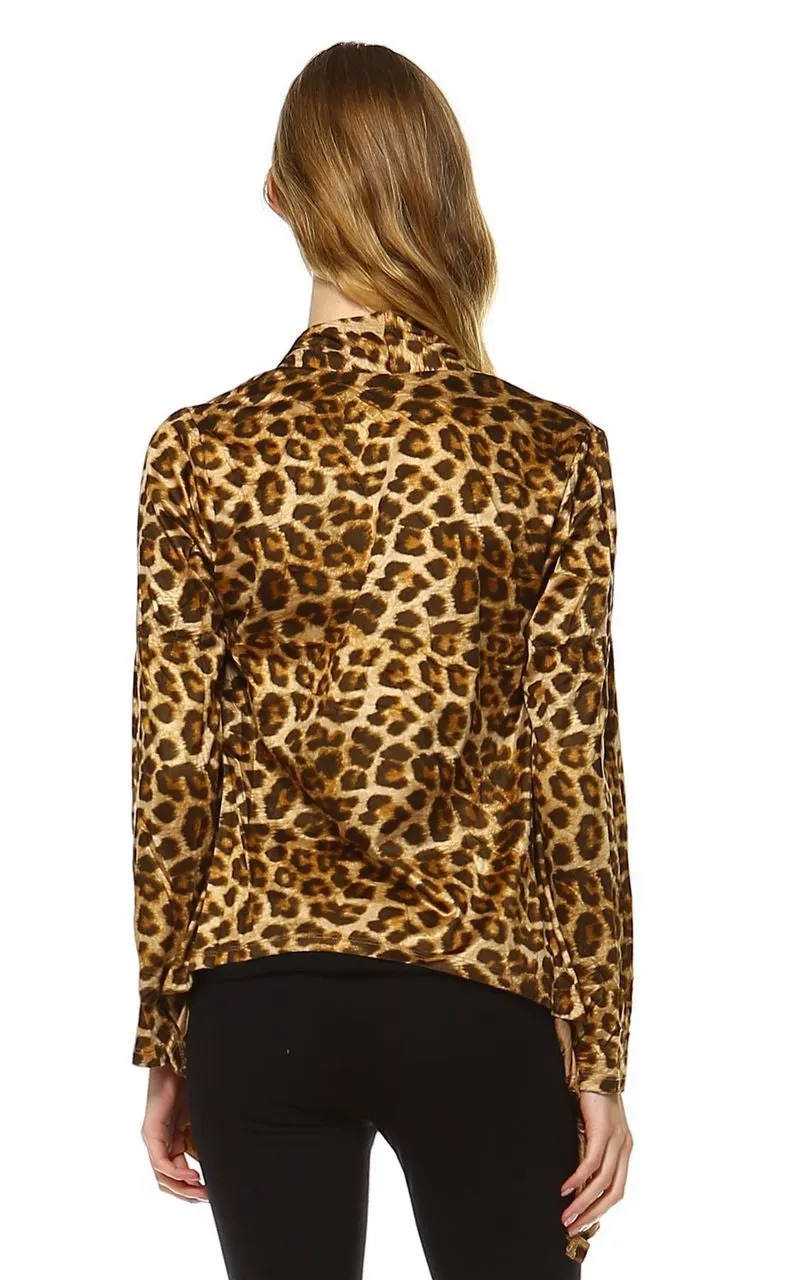 Suede Open Front Flyaway Jacket Cardigan Cheetah Brown