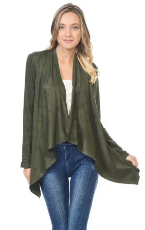 Suede Open Front Flyaway Jacket Cardigan Olive Green