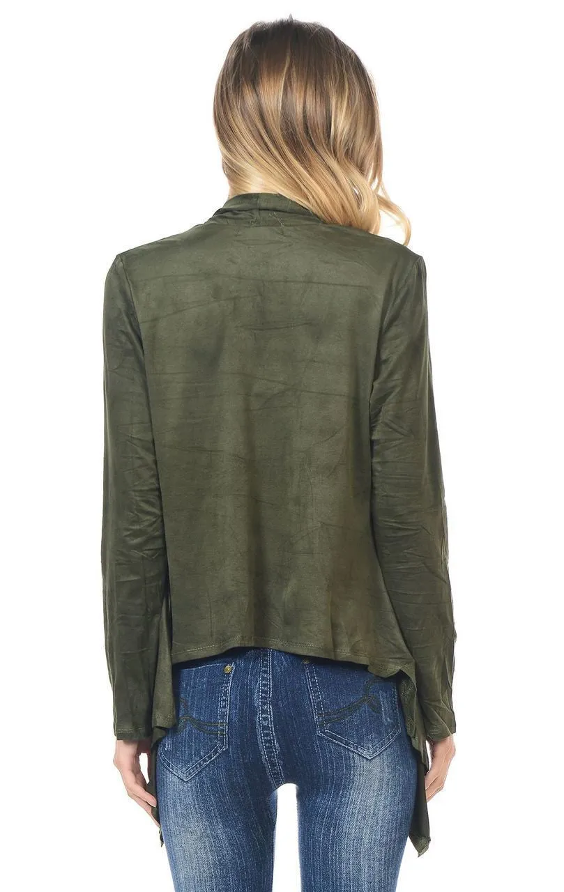 Suede Open Front Flyaway Jacket Cardigan Olive Green