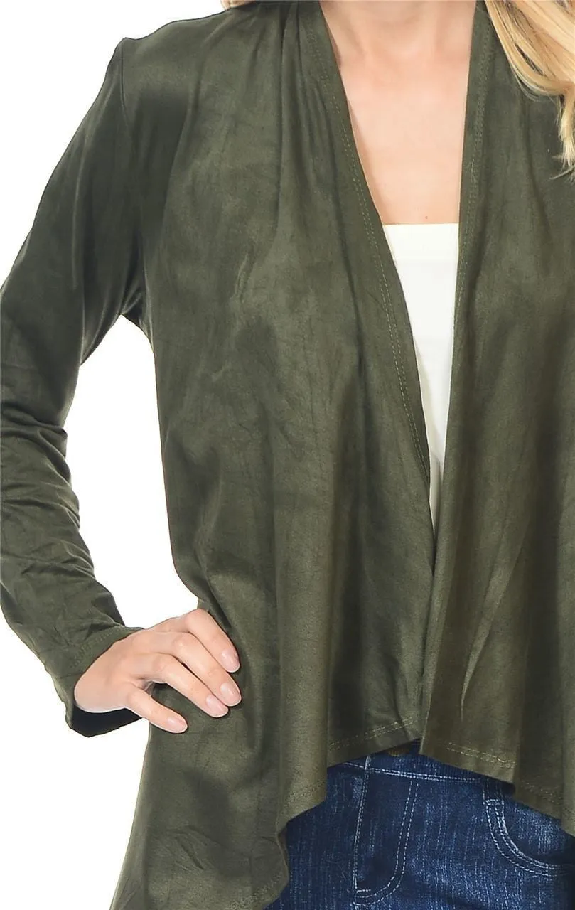 Suede Open Front Flyaway Jacket Cardigan Olive Green