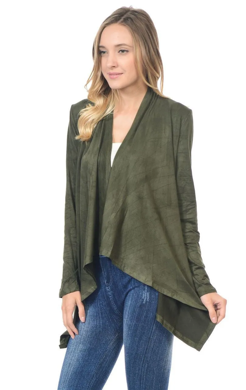 Suede Open Front Flyaway Jacket Cardigan Olive Green
