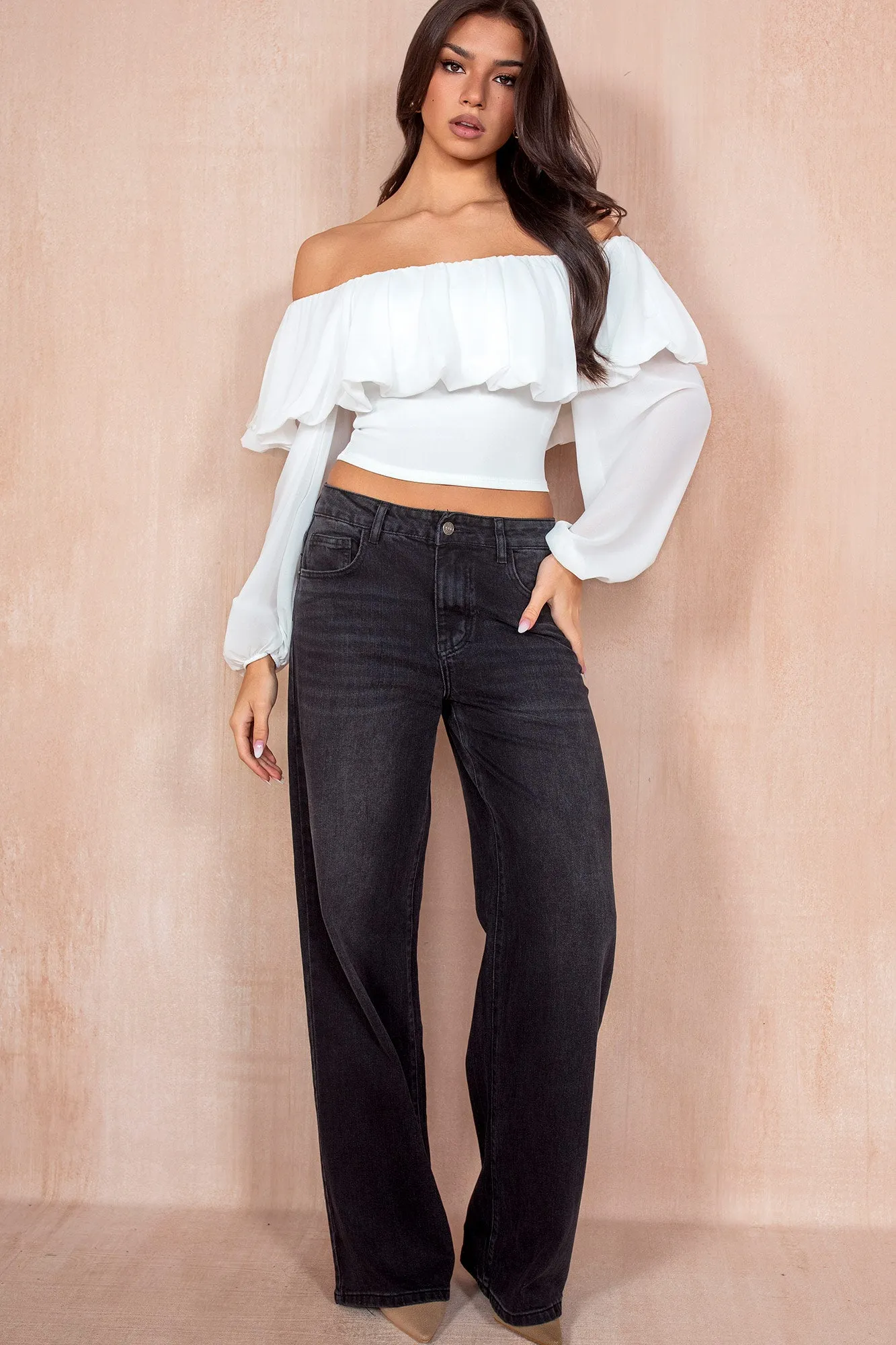 Taya White Chiffon Bardot Top