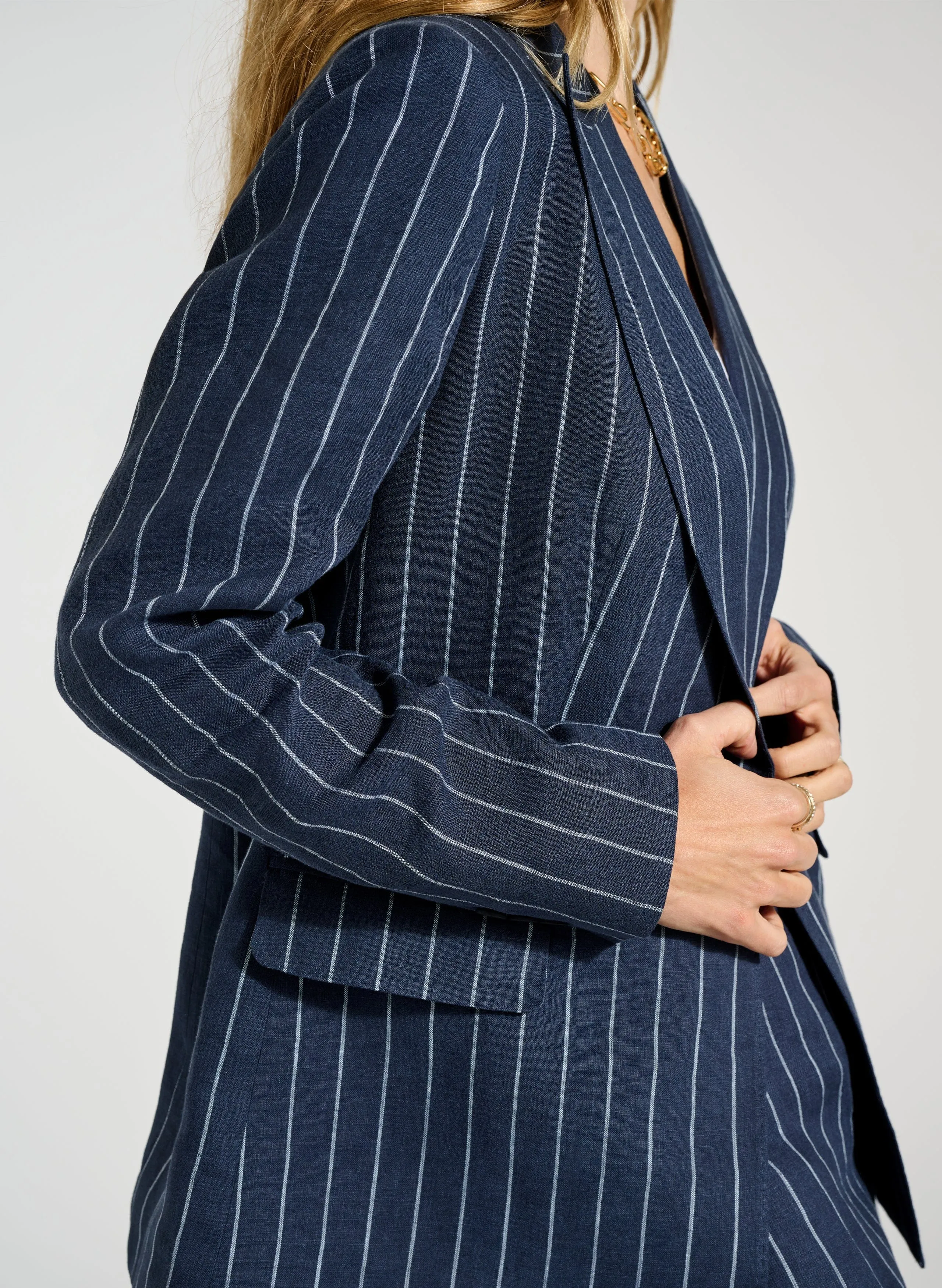 Thea Linen Blazer | Indigo & White Stripe