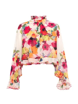 THEO Theia Orchid Print Ruffle Blouse in Mandarine Flower
