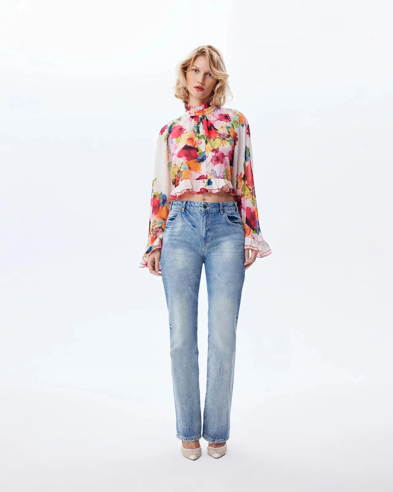 THEO Theia Orchid Print Ruffle Blouse in Mandarine Flower