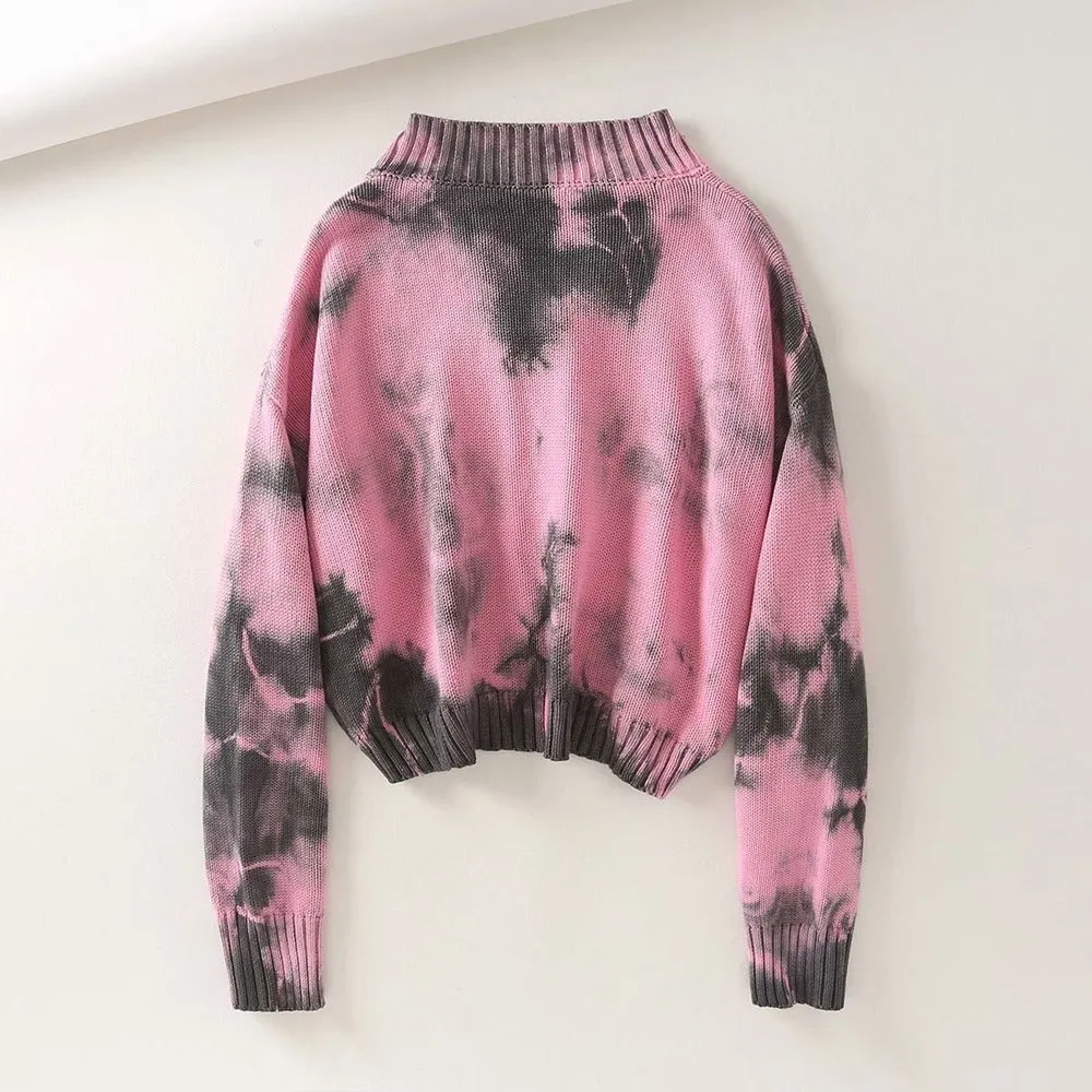 Tie-dye Brooch Button Knitting Sweater Cardigan