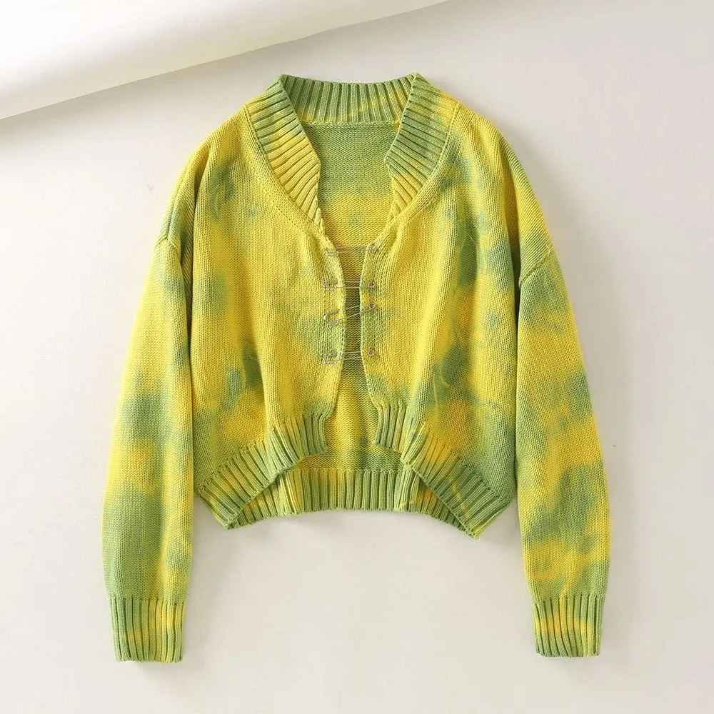 Tie-dye Brooch Button Knitting Sweater Cardigan