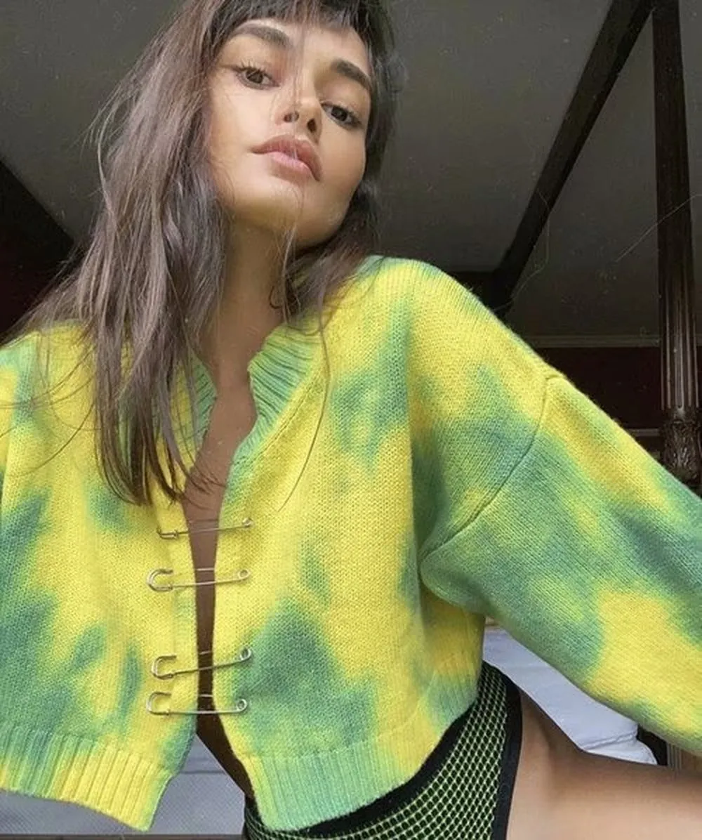 Tie-dye Brooch Button Knitting Sweater Cardigan