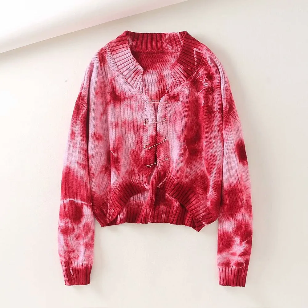 Tie-dye Brooch Button Knitting Sweater Cardigan