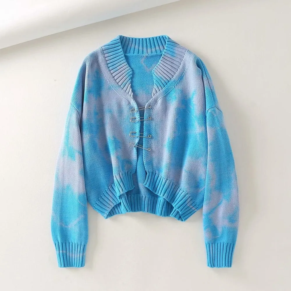 Tie-dye Brooch Button Knitting Sweater Cardigan