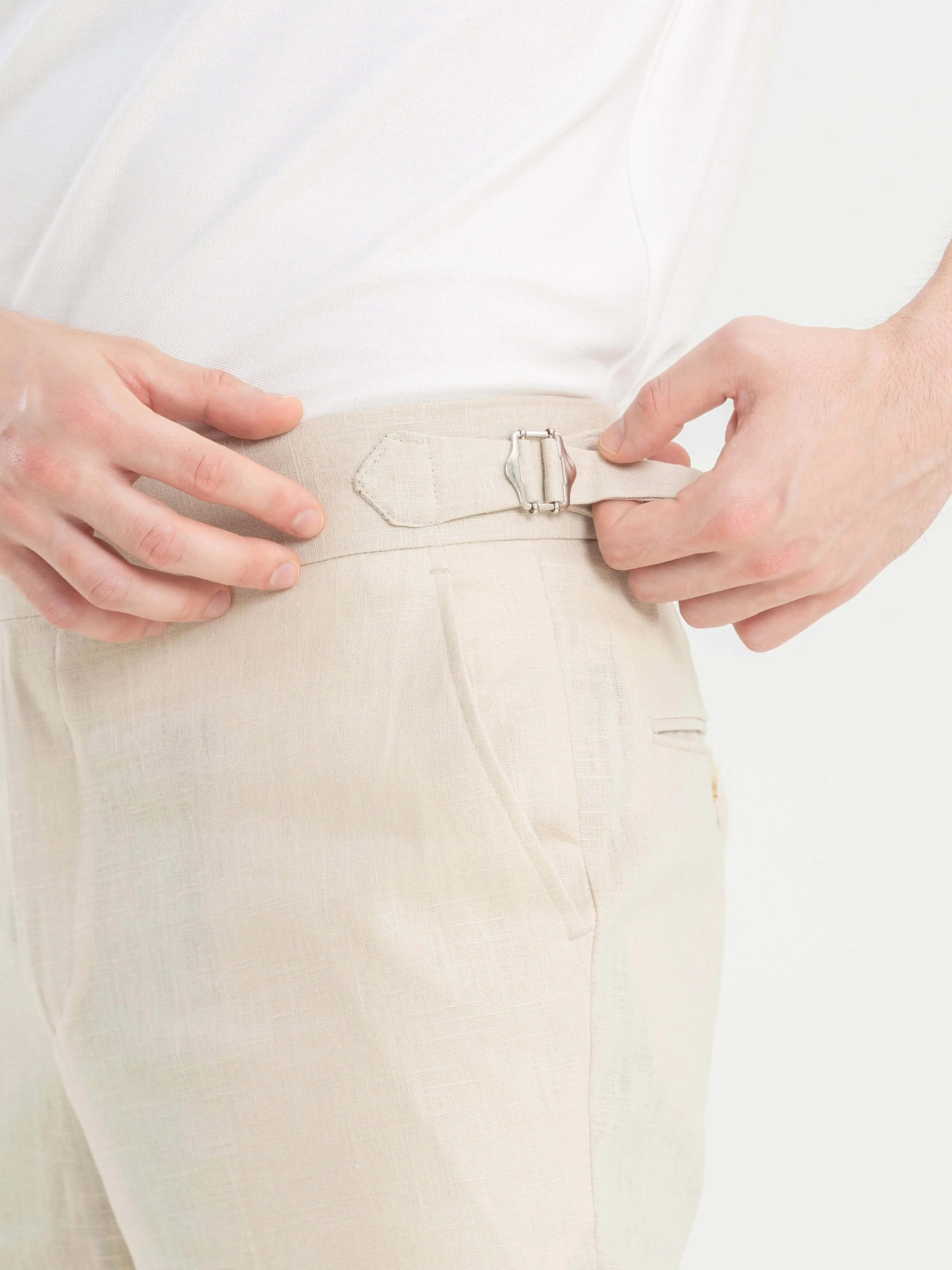 Trousers With Side Adjusters -  Linen Cream Plain (Slim Straight)