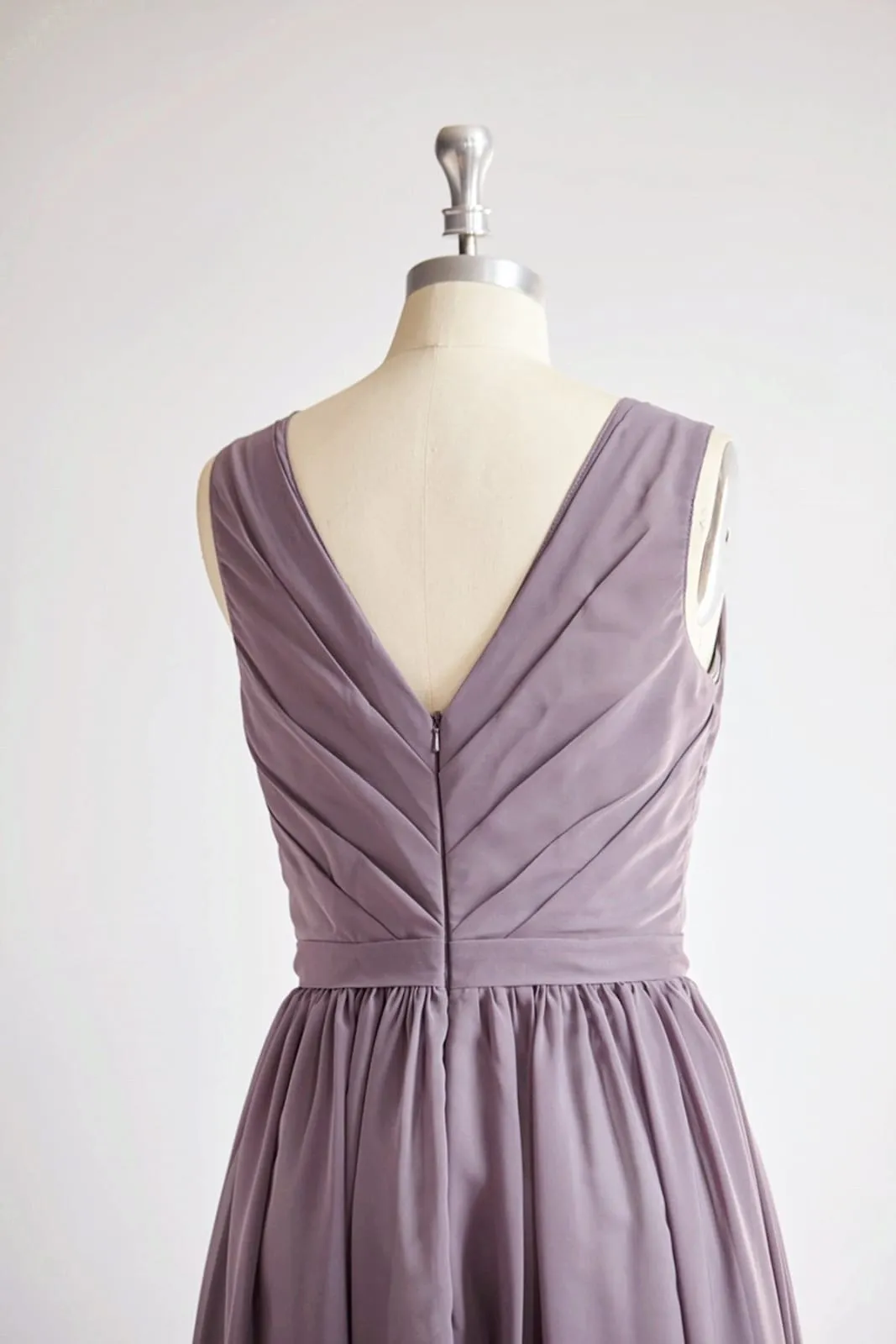 V Back Gray Chiffon Long Wedding Bridesmaid Dress Prom Dress