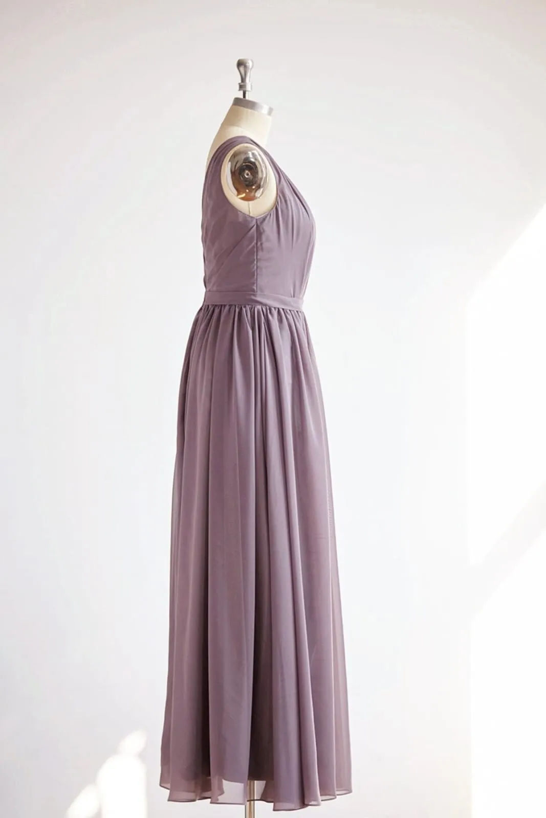 V Back Gray Chiffon Long Wedding Bridesmaid Dress Prom Dress
