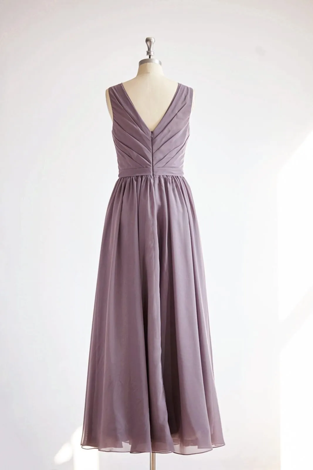 V Back Gray Chiffon Long Wedding Bridesmaid Dress Prom Dress